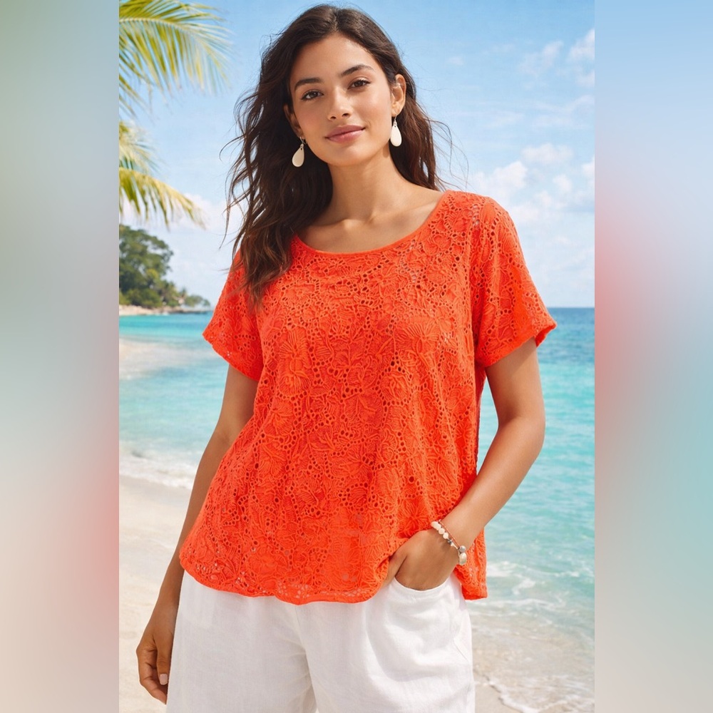 Maeve Anthropologie Karine Beaded Eyelet Lace Top Neon Coral Boho NWT Size 8